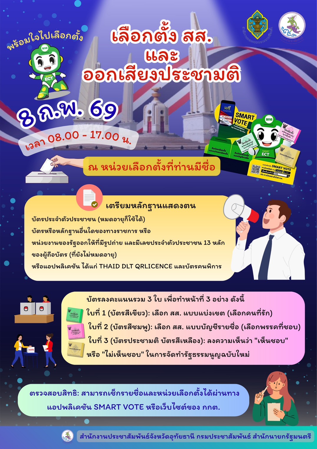 พร้อมใจไปเลือกตั้ง เลือกตั้ง สส. และออกเสียงประชามติ ในวันอาทิตย์ที่ 8 กุมภาพันธ์ 2569 เวลา 08.00 - 17.00 น. ณ หน่วยเลือกตั้งที่ท่านมีชื่อ